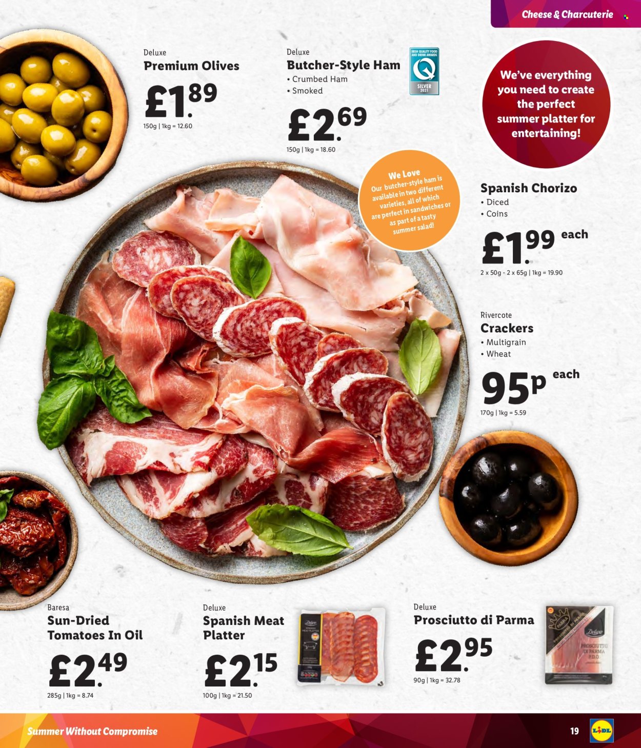 thumbnail - Lidl offer  - Sales products - salad, sandwich, ham, prosciutto, chorizo, charcuterie, Prosciutto di Parma, crackers, dried tomatoes, olives. Page 19.