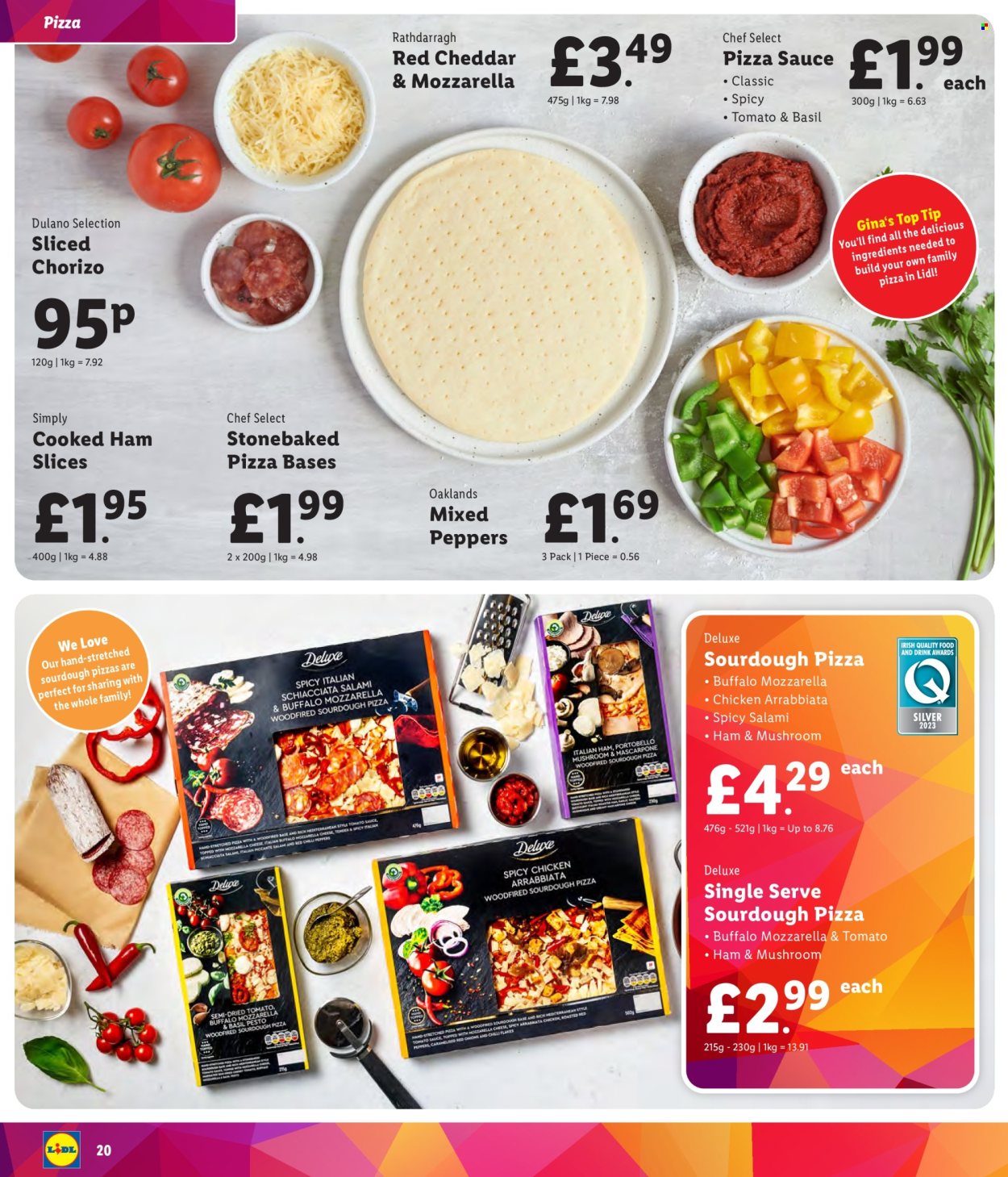 thumbnail - Lidl offer  - Sales products - chicken, pastries, cooked ham, salami, ham, chorizo, pizza dough, pizza sauce. Page 20.