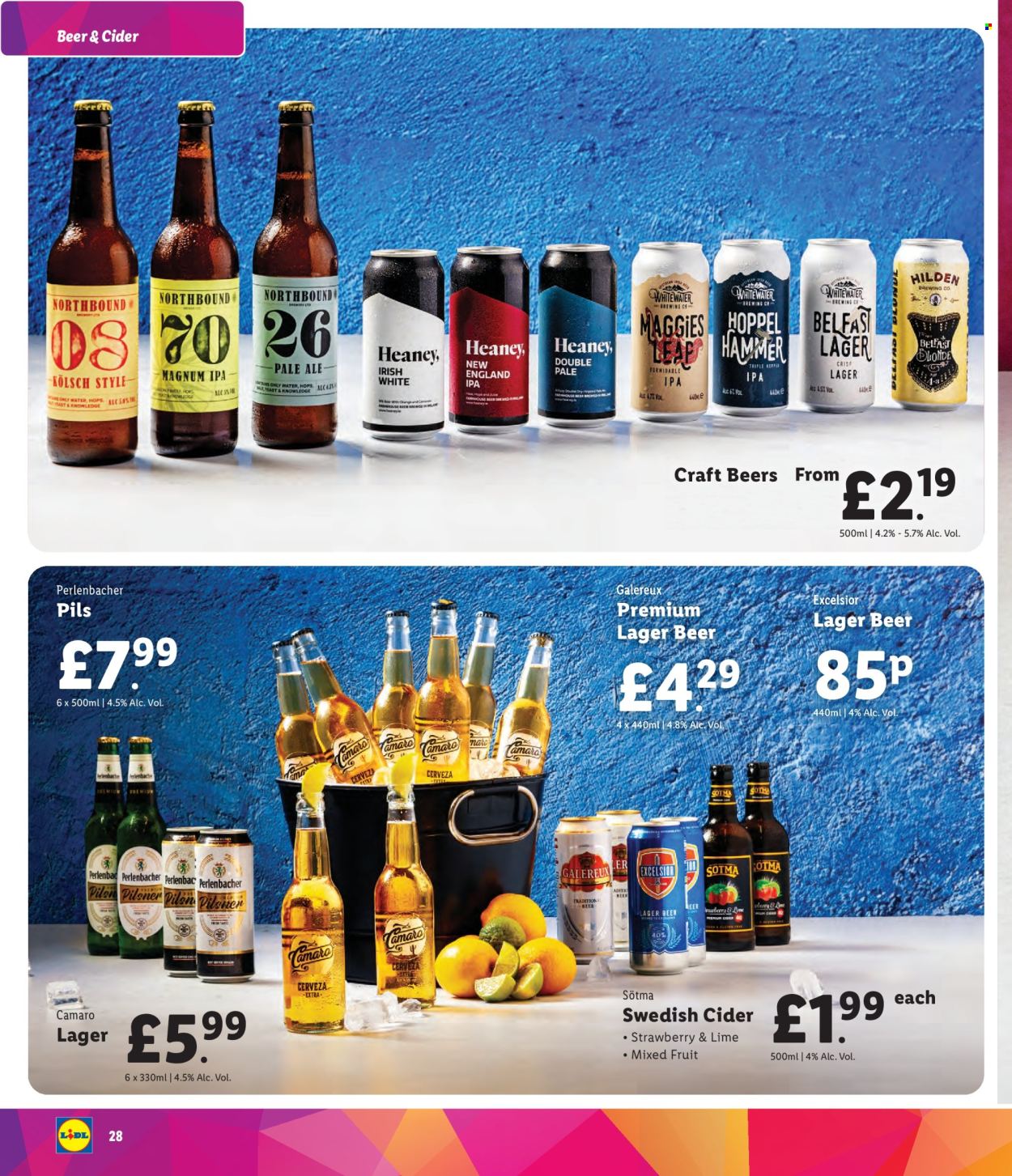 thumbnail - Lidl offer  - Sales products - Perlenbacher, alcohol, Lager, IPA, yeast, Magnum, ice cream, water, cider, hammer, Weber. Page 28.