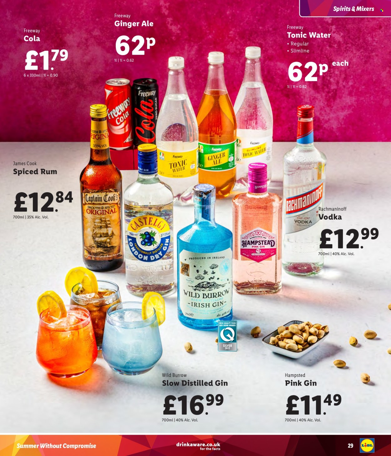 thumbnail - Lidl offer  - Sales products - alcohol, Cook's, ginger ale, Coca-Cola zero, tonic, gin, spiced rum, vodka, rum. Page 29.