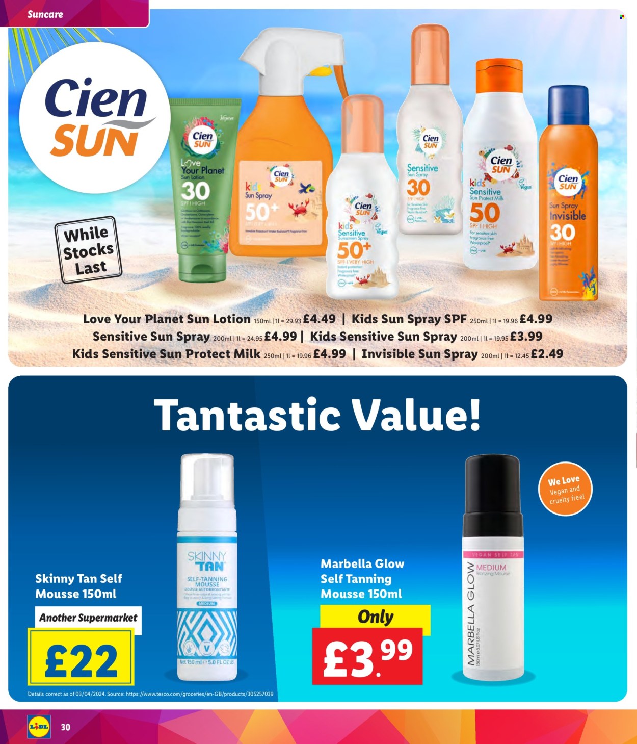 thumbnail - Lidl offer  - Sales products - mousse, milk, Cien, sun care, self tanning product, sunscreen lotion, sun lotion, sun spray, safe. Page 30.