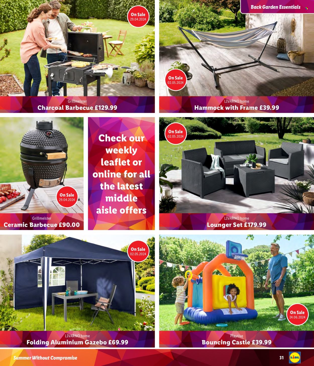 thumbnail - Lidl offer  - Sales products - Castle, lounger, gazebo, grill, charcoal grill, hammock. Page 31.