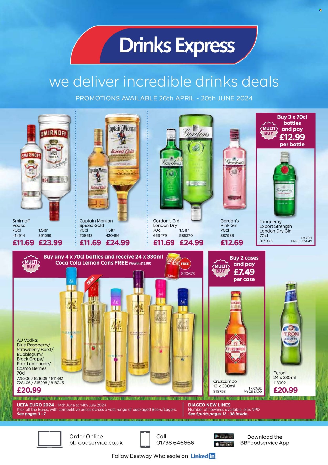 thumbnail - Bestway offer  - 26/04/2024 - 20/06/2024 - Sales products - beer, alcohol, Peroni, bubblegum, Coca-Cola, soft drink, carbonated soft drink, Captain Morgan, gin, Smirnoff, vodka, Gordon's. Page 1.