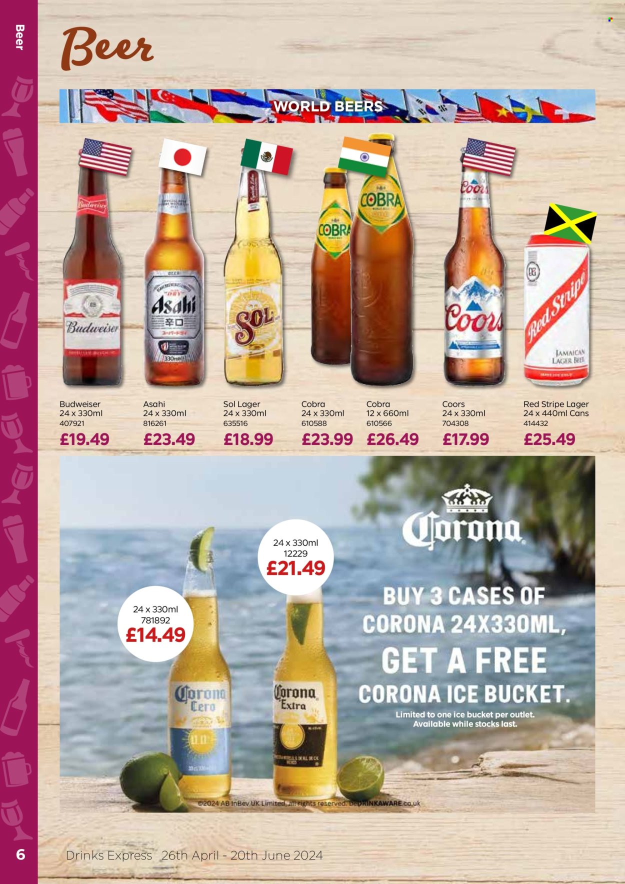 thumbnail - Bestway offer  - 26/04/2024 - 20/06/2024 - Sales products - Budweiser, Coors, Corona Extra, beer, alcohol, Sol, Lager, Asahi, Cobra, Red Stripe, bucket. Page 6.