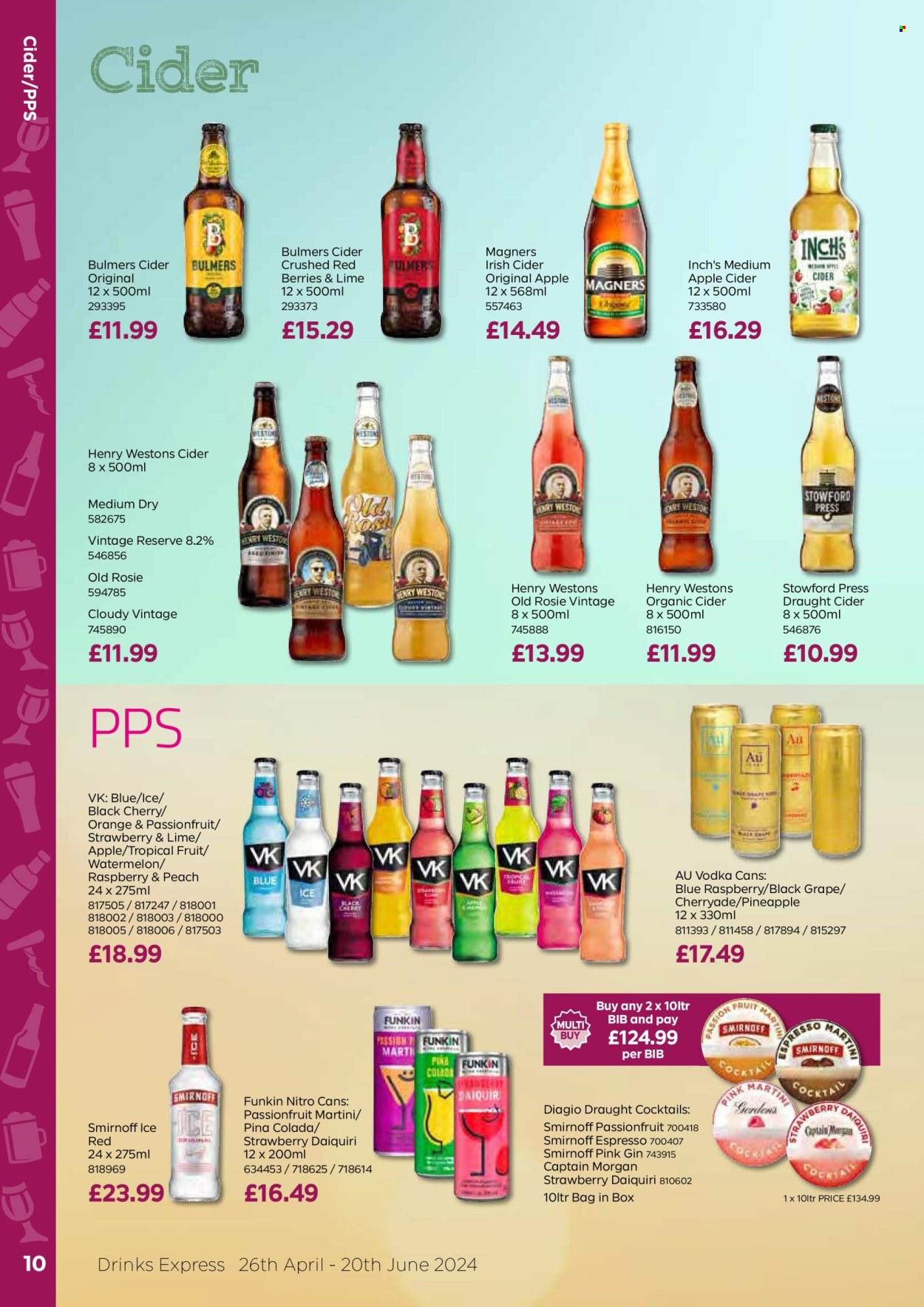 thumbnail - Bestway offer  - 26/04/2024 - 20/06/2024 - Sales products - beer, Bulmers, alcohol, Magners, watermelon, cocktail, apple cider, Captain Morgan, gin, Smirnoff, vodka, Martini, cider, bag. Page 10.