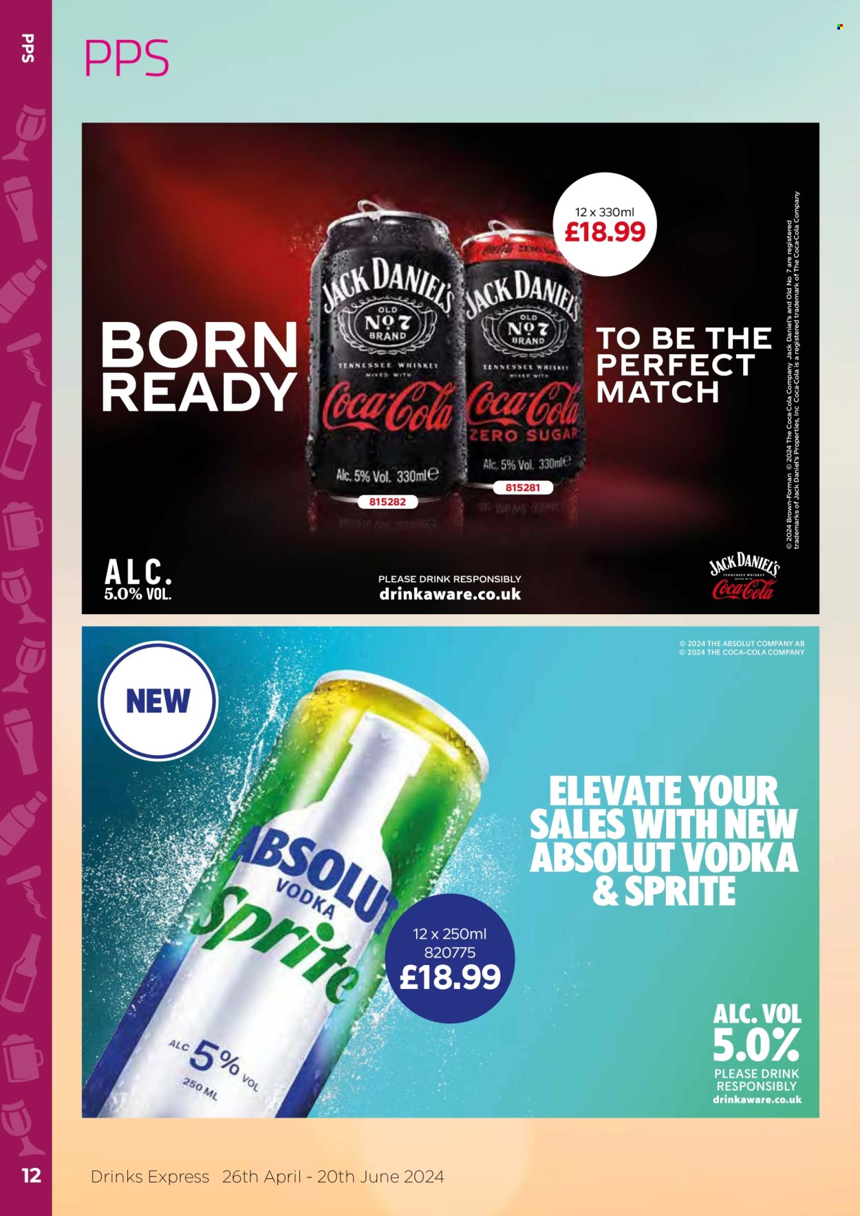 thumbnail - Bestway offer  - 26/04/2024 - 20/06/2024 - Sales products - alcohol, Jack Daniel's, Coca-Cola, Sprite, soft drink, carbonated soft drink, Tennessee Whiskey, vodka, whiskey, Absolut. Page 12.