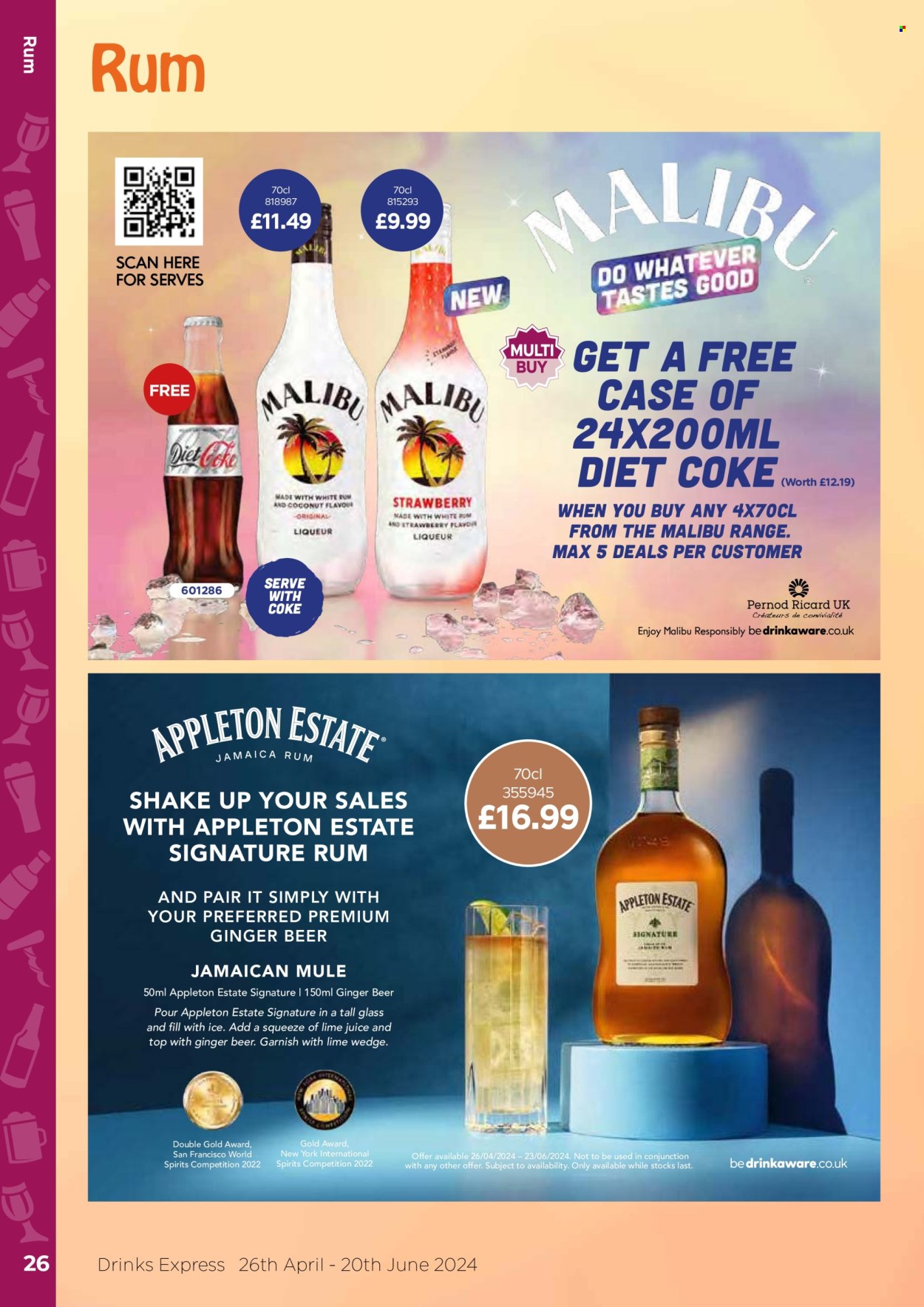thumbnail - Bestway offer  - 26/04/2024 - 20/06/2024 - Sales products - ginger beer, beer, alcohol, shake, Coca-Cola, Diet Coke, soft drink, Coke, lime juice, carbonated soft drink, rum, Malibu. Page 26.