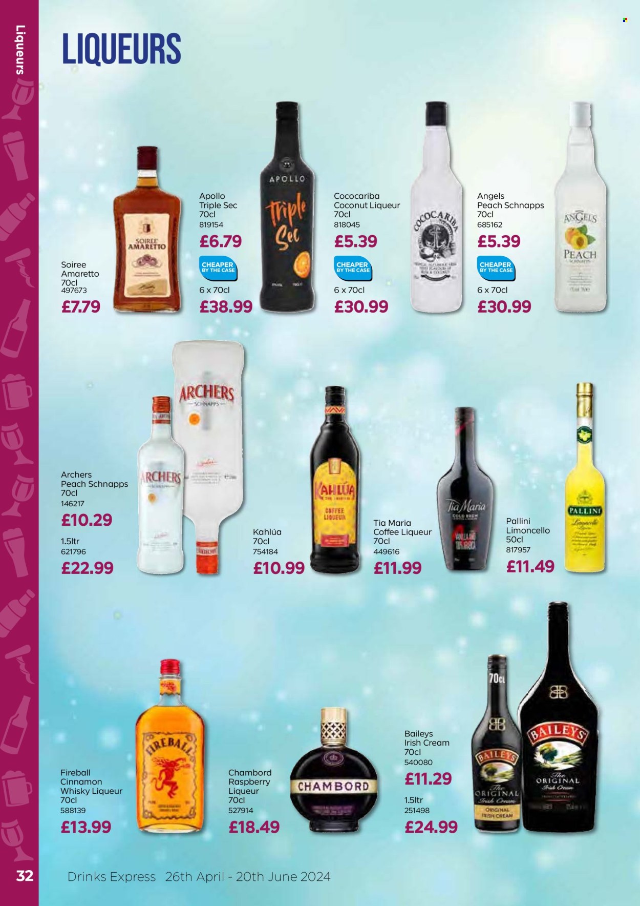 thumbnail - Bestway offer  - 26/04/2024 - 20/06/2024 - Sales products - alcohol, Baileys, Kahlúa, Amaretto, Limoncello, liqueur, schnapps, Triple Sec, irish cream, liquor, cinnamon whisky, whisky. Page 32.