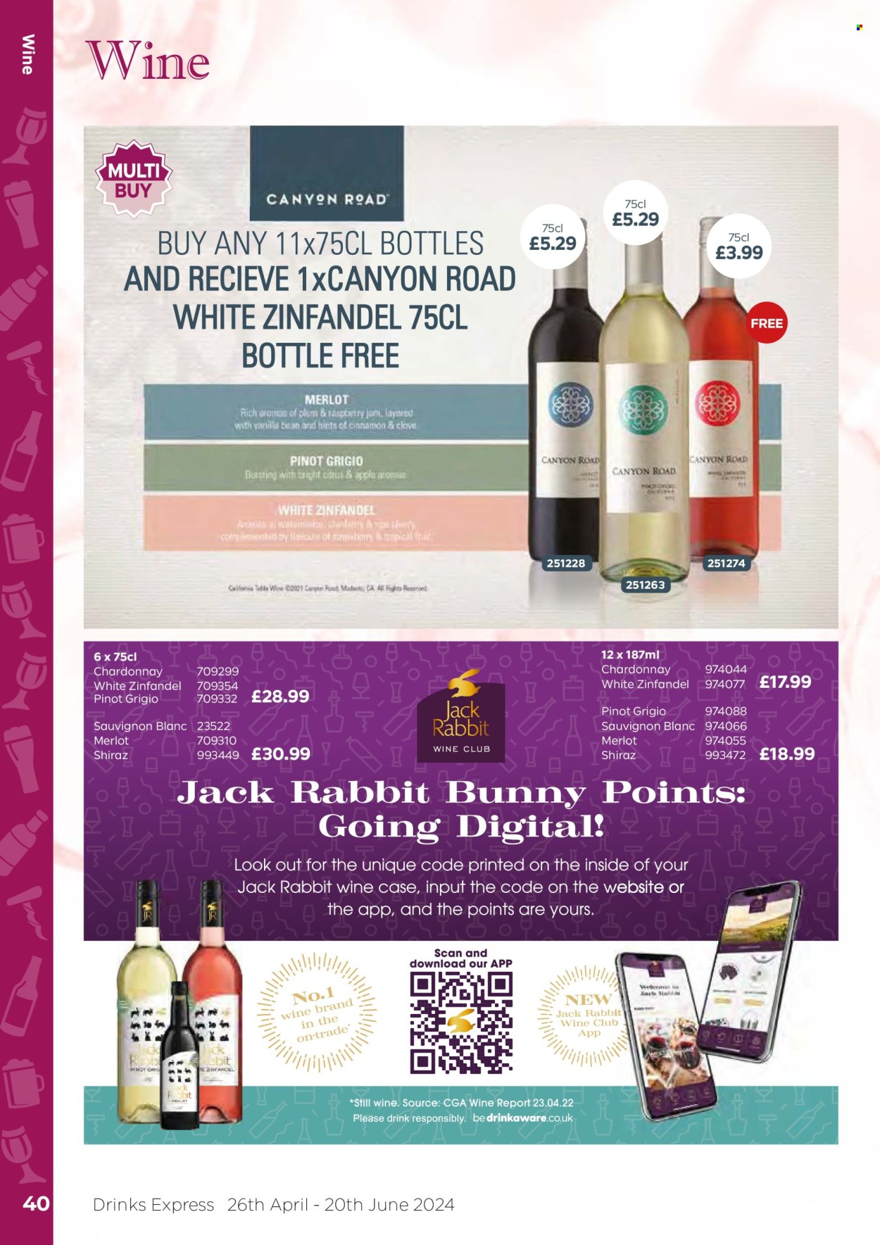 thumbnail - Bestway offer  - 26/04/2024 - 20/06/2024 - Sales products - alcohol, figs, rabbit, cloves, raspberry jam, fruit jam, red wine, white wine, Chardonnay, wine, Merlot, Sauvignon Blanc, Shiraz, Pinot Grigio. Page 40.