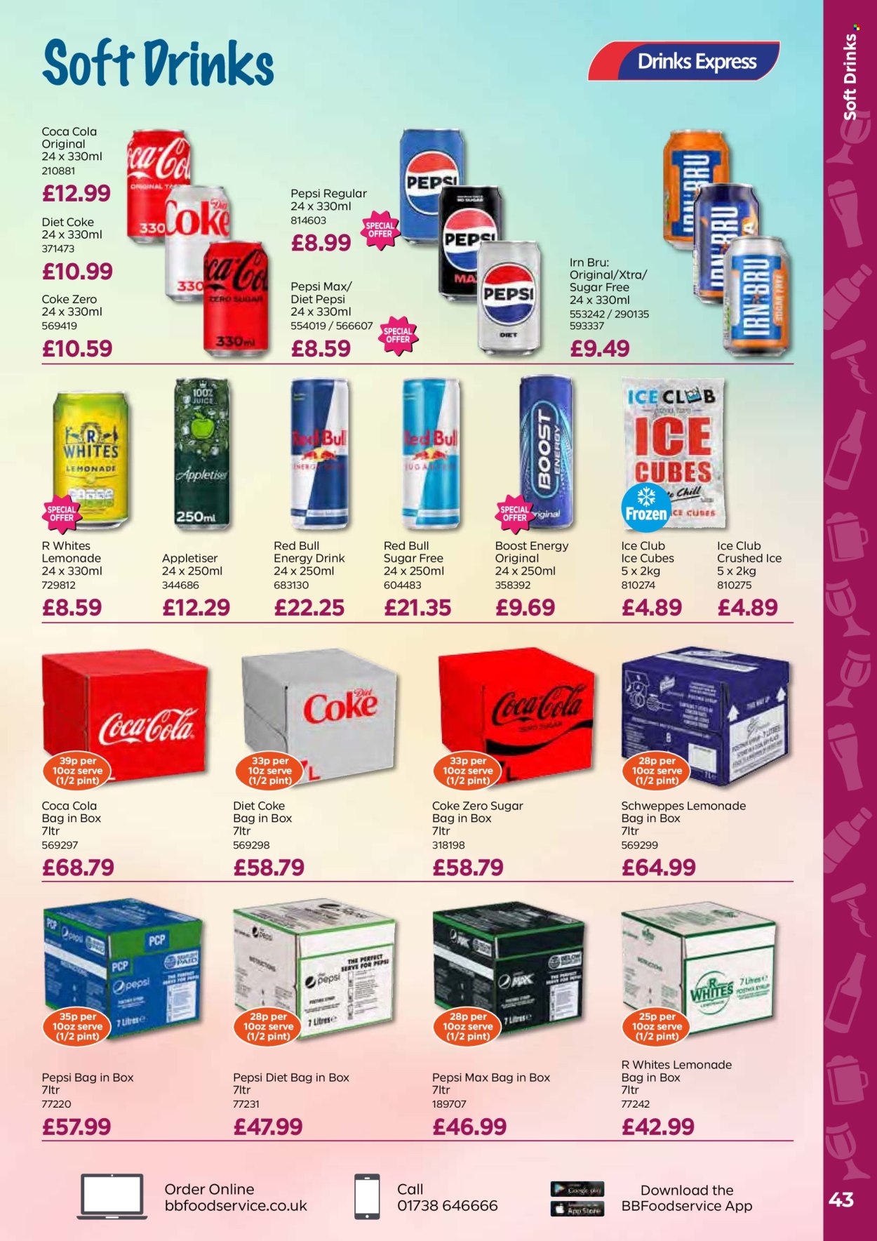 thumbnail - Bestway offer  - 26/04/2024 - 20/06/2024 - Sales products - ice cubes, Coca-Cola, lemonade, Schweppes, Pepsi, energy drink, Pepsi Max, fruit drink, Coca-Cola zero, Diet Pepsi, Diet Coke, soft drink, Red Bull, Coke, carbonated soft drink, Boost, XTRA, bag. Page 43.