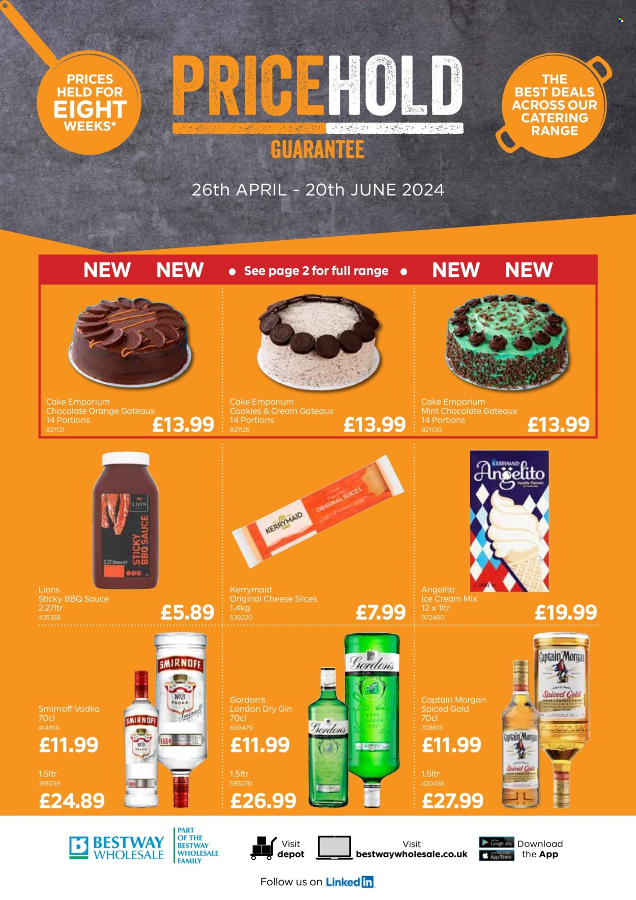 thumbnail - Bestway offer  - 26/04/2024 - 20/06/2024 - Sales products - alcohol, cake, sliced cheese, cheese, ice cream, BBQ sauce, Captain Morgan, gin, Smirnoff, vodka, Gordon's, sauce. Page 1.