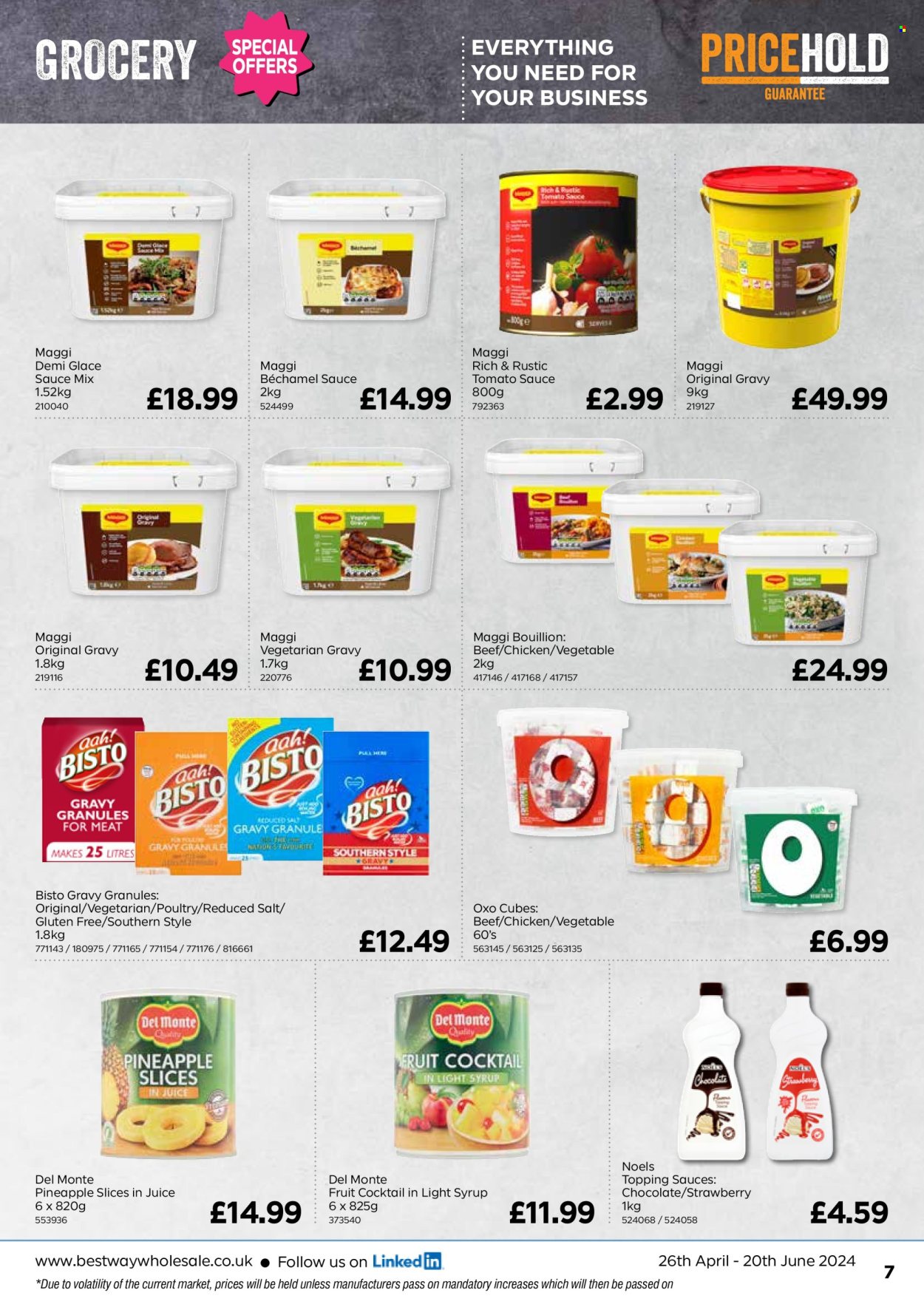 thumbnail - Bestway offer  - 26/04/2024 - 20/06/2024 - Sales products - chicken, béchamel sauce, salt, Maggi, topping, gravy granules, tomato sauce, Del Monte, syrup, juice. Page 7.