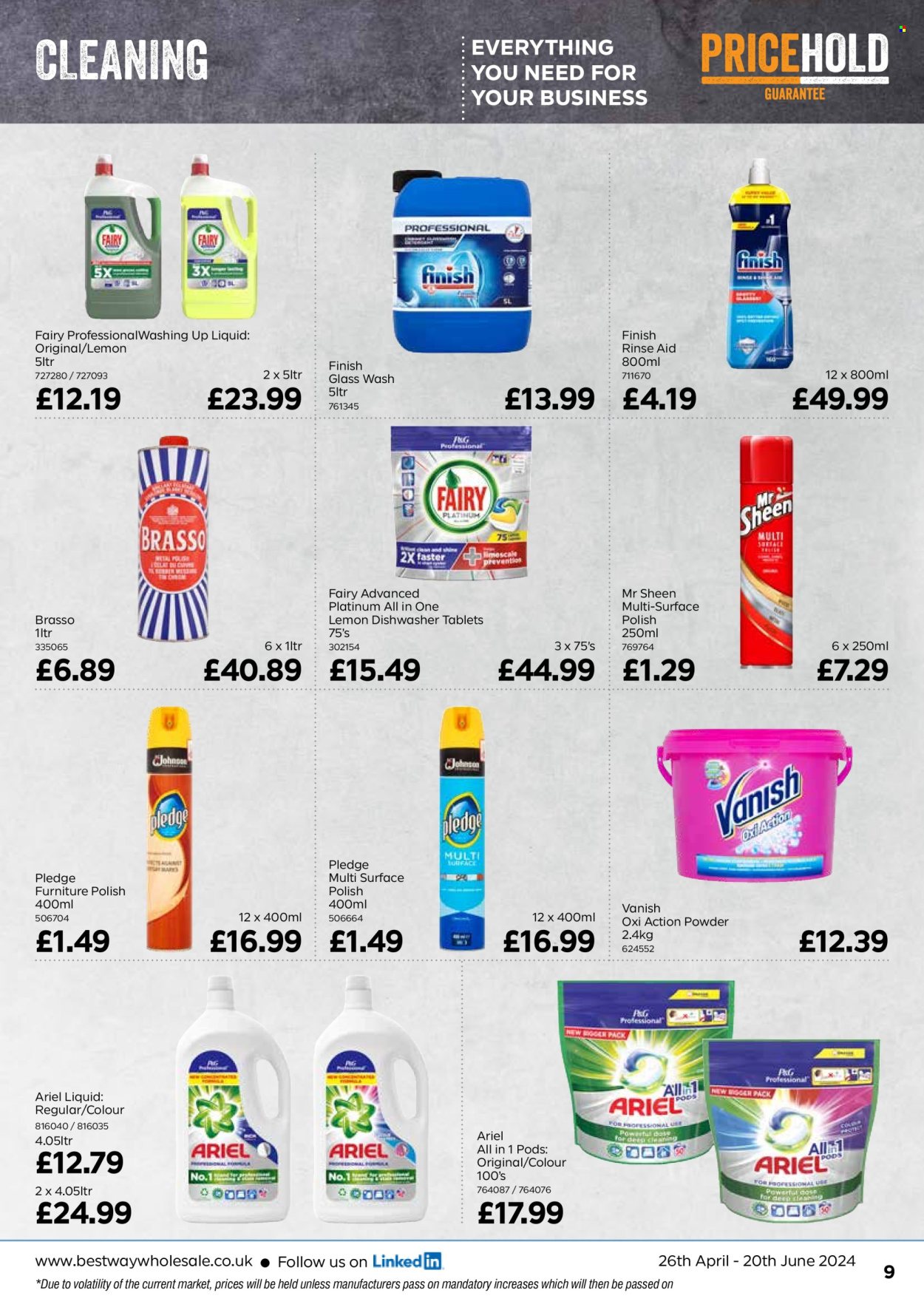 thumbnail - Bestway offer  - 26/04/2024 - 20/06/2024 - Sales products - Fairy, Vanish, Pledge, Ariel, dishwasher tablets, polish. Page 9.