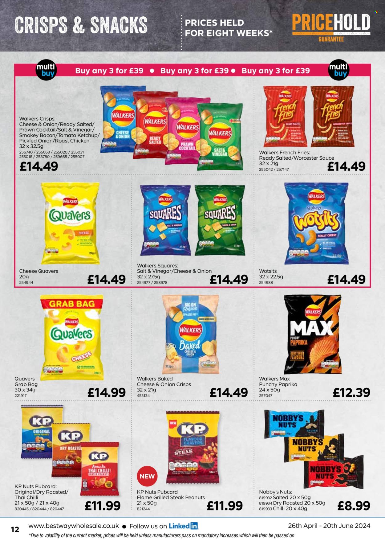 thumbnail - Bestway offer  - 26/04/2024 - 20/06/2024 - Sales products - steak, roast, prawns, chicken roast, snack, ready meal, potato fries, french fries, crisps, ketchup, peanuts. Page 12.