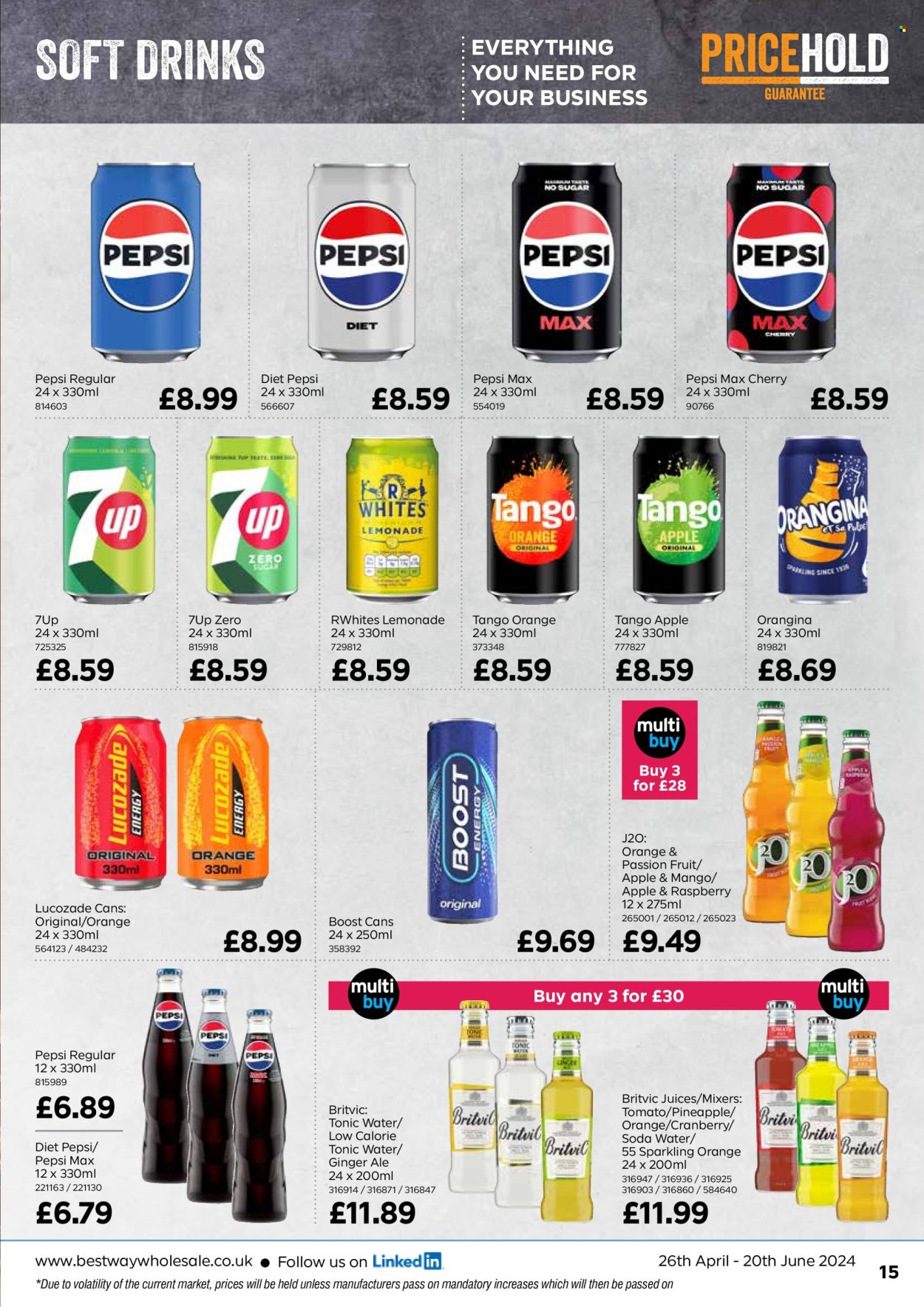 thumbnail - Bestway offer  - 26/04/2024 - 20/06/2024 - Sales products - pineapple, passion fruit, ginger ale, lemonade, Pepsi, juice, Pepsi Max, tonic, Diet Pepsi, soft drink, 7UP, Lucozade, soda, carbonated soft drink, Boost. Page 15.