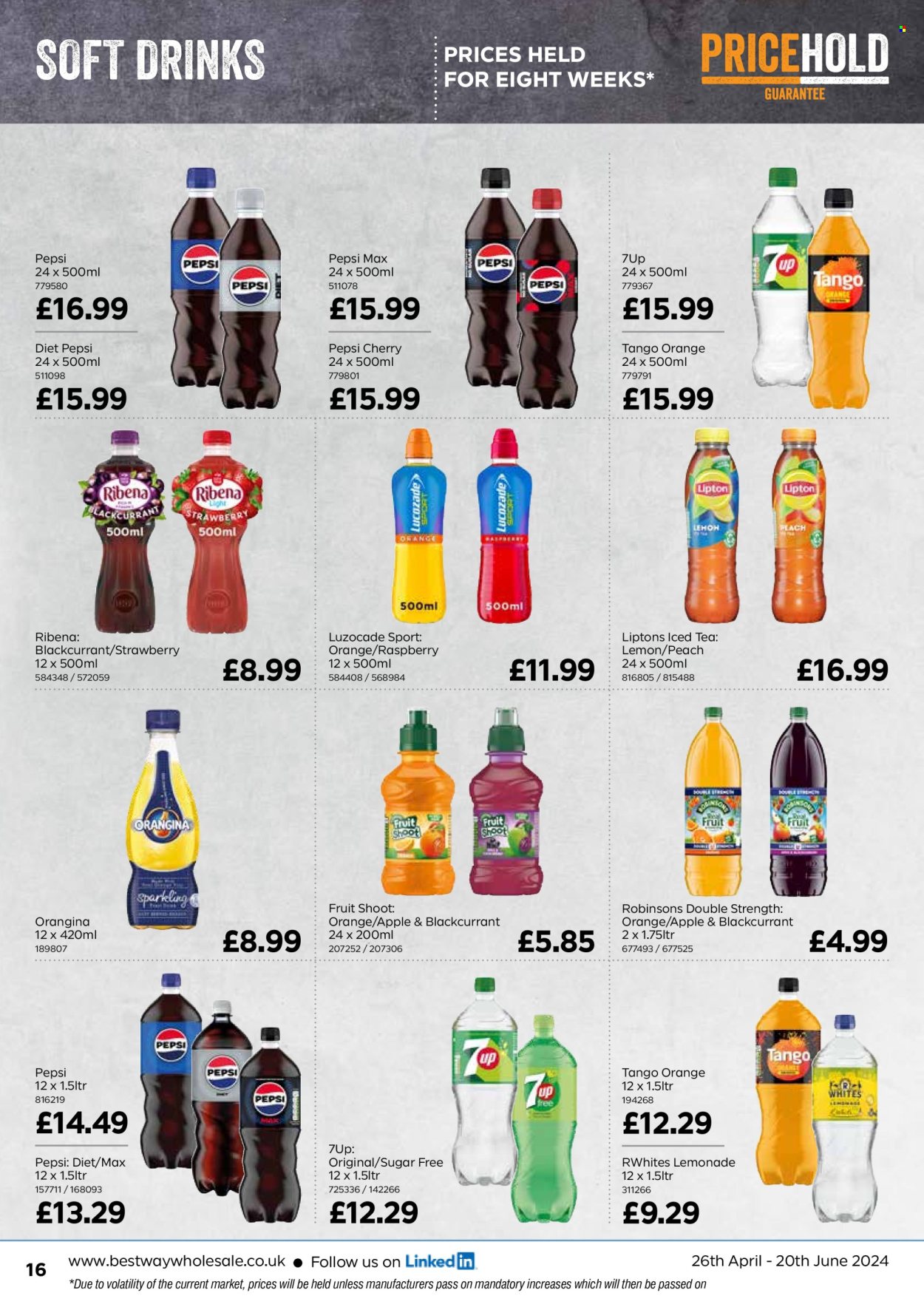 thumbnail - Bestway offer  - 26/04/2024 - 20/06/2024 - Sales products - lemonade, Pepsi, Pepsi Max, ice tea, Diet Pepsi, soft drink, 7UP, Ribena, carbonated soft drink. Page 16.