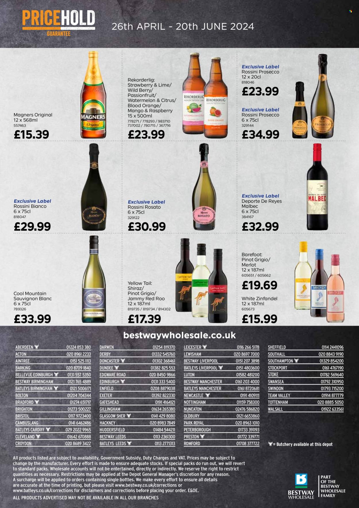thumbnail - Bestway offer  - 26/04/2024 - 20/06/2024 - Sales products - beer, alcohol, Magners, watermelon, red wine, sparkling wine, white wine, prosecco, wine, Merlot, Sauvignon Blanc, Shiraz, Pinot Grigio, Malbec, label, nutritional supplement. Page 20.