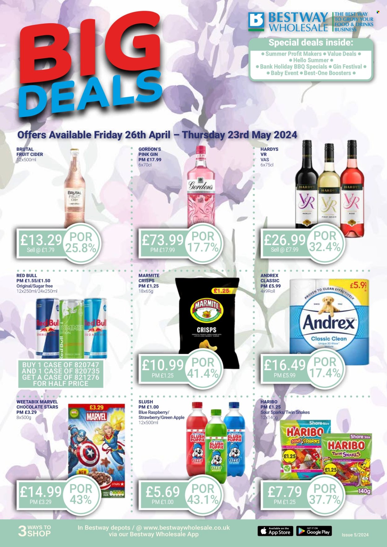 thumbnail - Bestway offer  - 26/04/2024 - 23/05/2024 - Sales products - alcohol, cookies, Haribo, crisps, Weetabix, yeast extract, Marmite, energy drink, Red Bull, gin, Gordon's, cider, Marvel. Page 1.