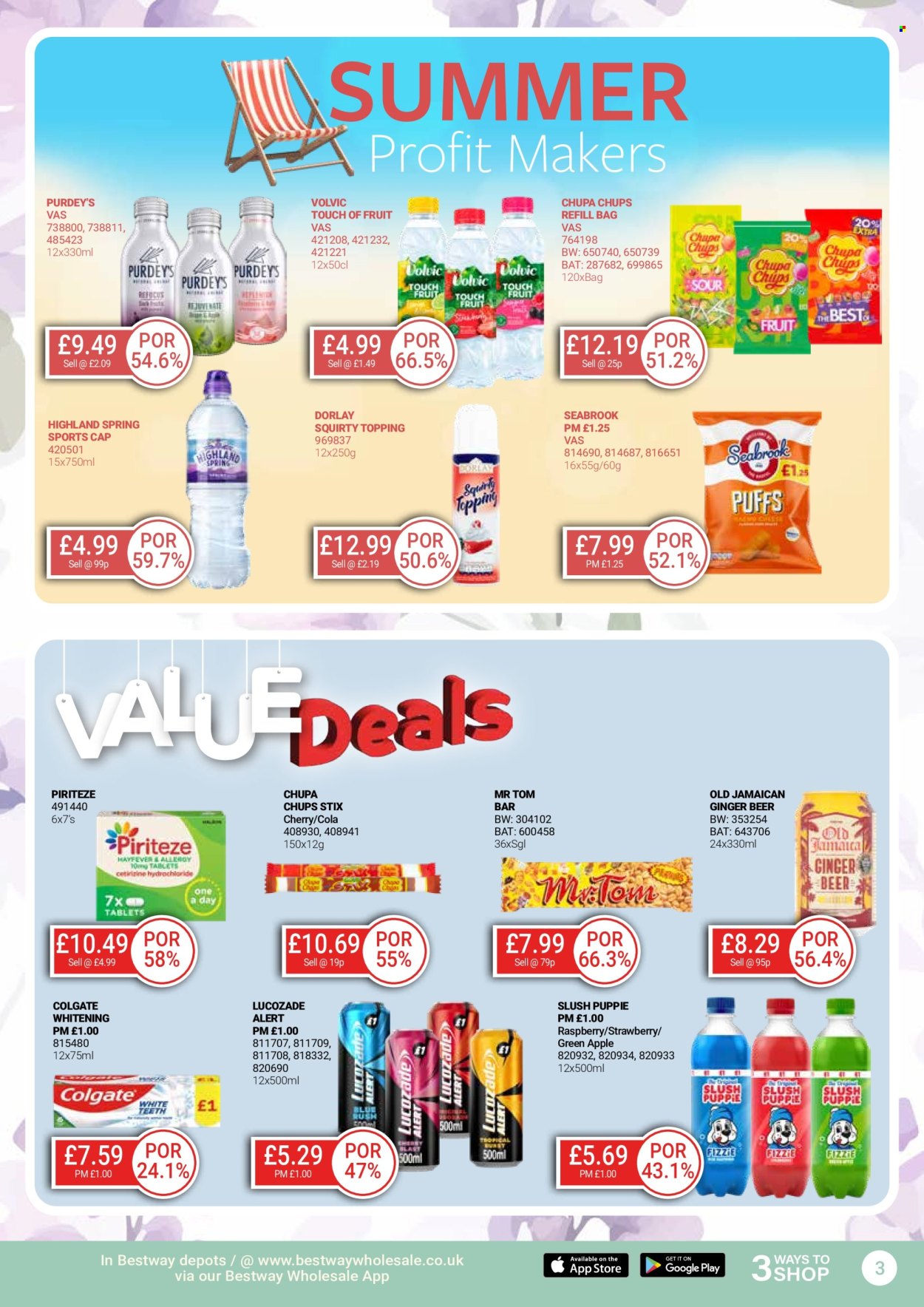 thumbnail - Bestway offer  - 26/04/2024 - 23/05/2024 - Sales products - ginger beer, beer, alcohol, puffs, lollipop, Chupa Chups, topping, Lucozade, Volvic, water, Rejuvenate, Colgate, bag. Page 3.