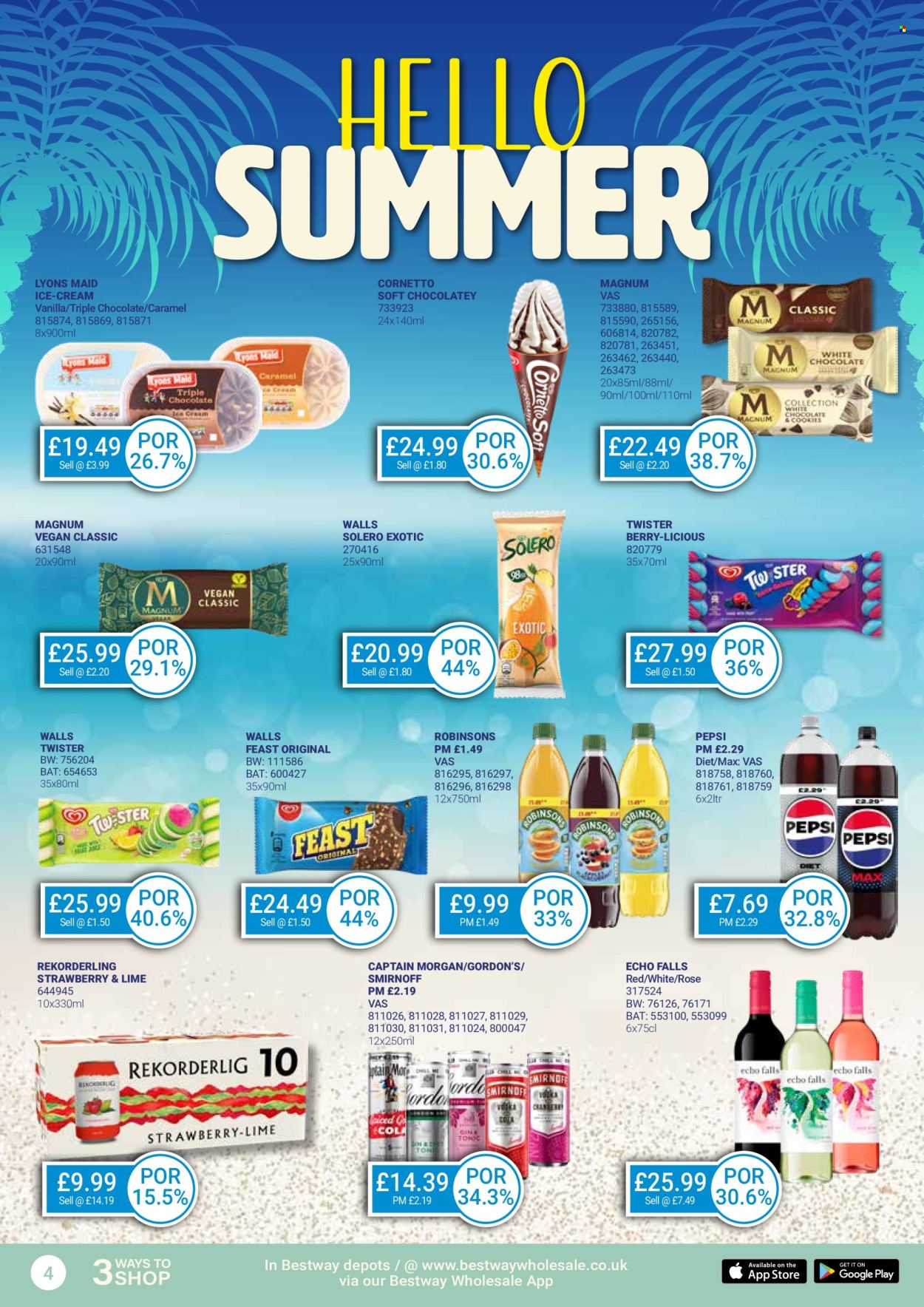 thumbnail - Bestway offer  - 26/04/2024 - 23/05/2024 - Sales products - alcohol, Magnum, ice cream, Cornetto, Solero, Pepsi, Twister, soft drink, carbonated soft drink, Lyons, Captain Morgan, Smirnoff, vodka, Gordon's. Page 4.