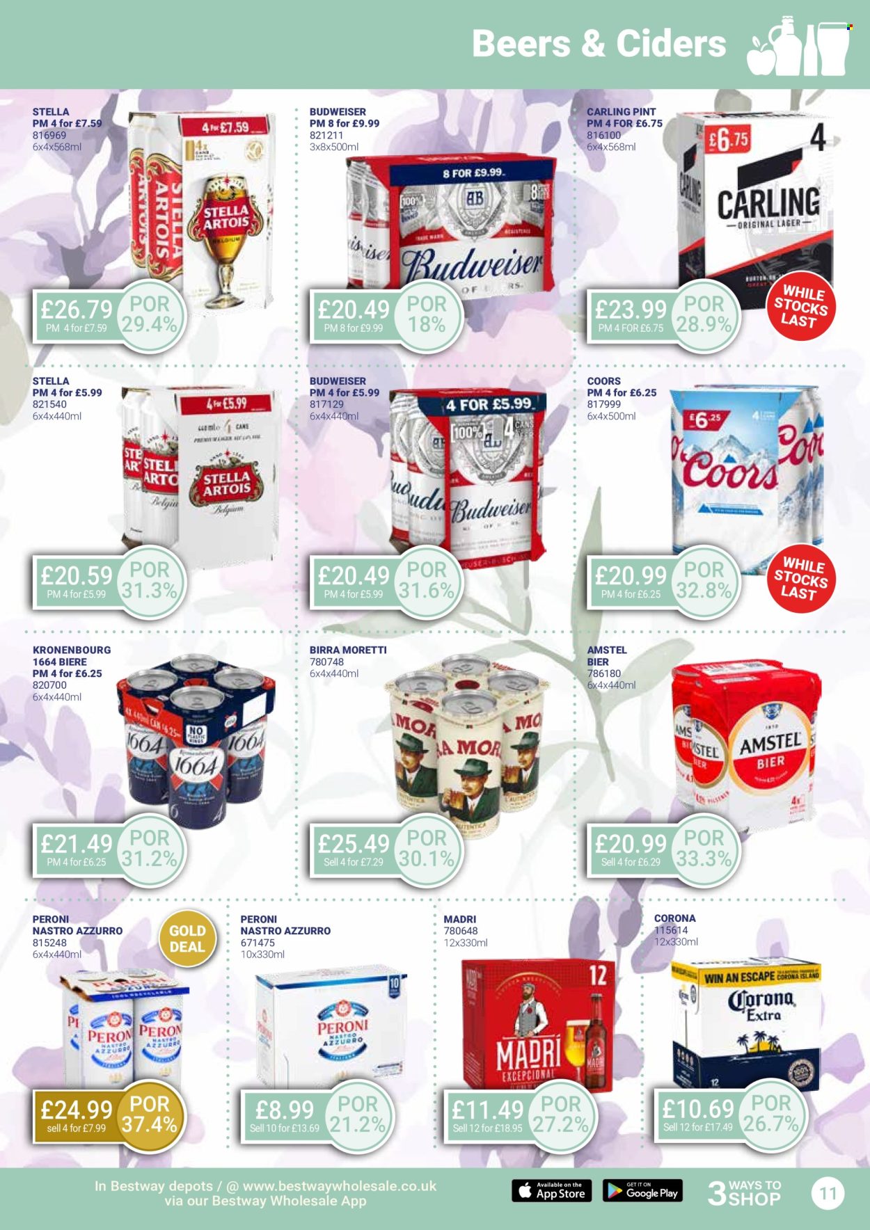 thumbnail - Bestway offer  - 26/04/2024 - 23/05/2024 - Sales products - Budweiser, Coors, Corona Extra, beer, Peroni, Carling, Birra Moretti, Amstel, Madri. Page 11.