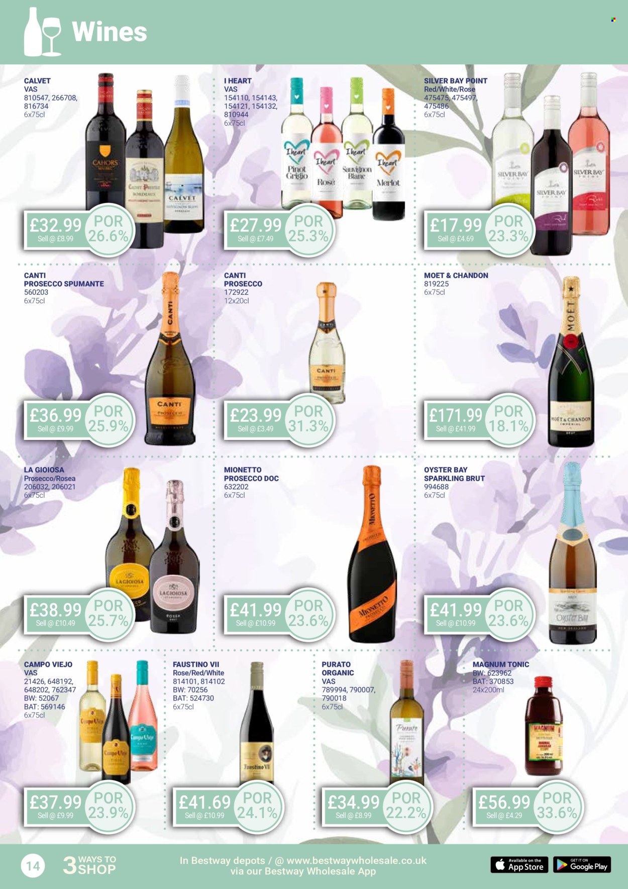 thumbnail - Bestway offer  - 26/04/2024 - 23/05/2024 - Sales products - alcohol, Magnum, tonic, red wine, sparkling wine, spumante, white wine, prosecco, wine, Merlot, Moët & Chandon, Campo Viejo, Pinot Grigio. Page 14.