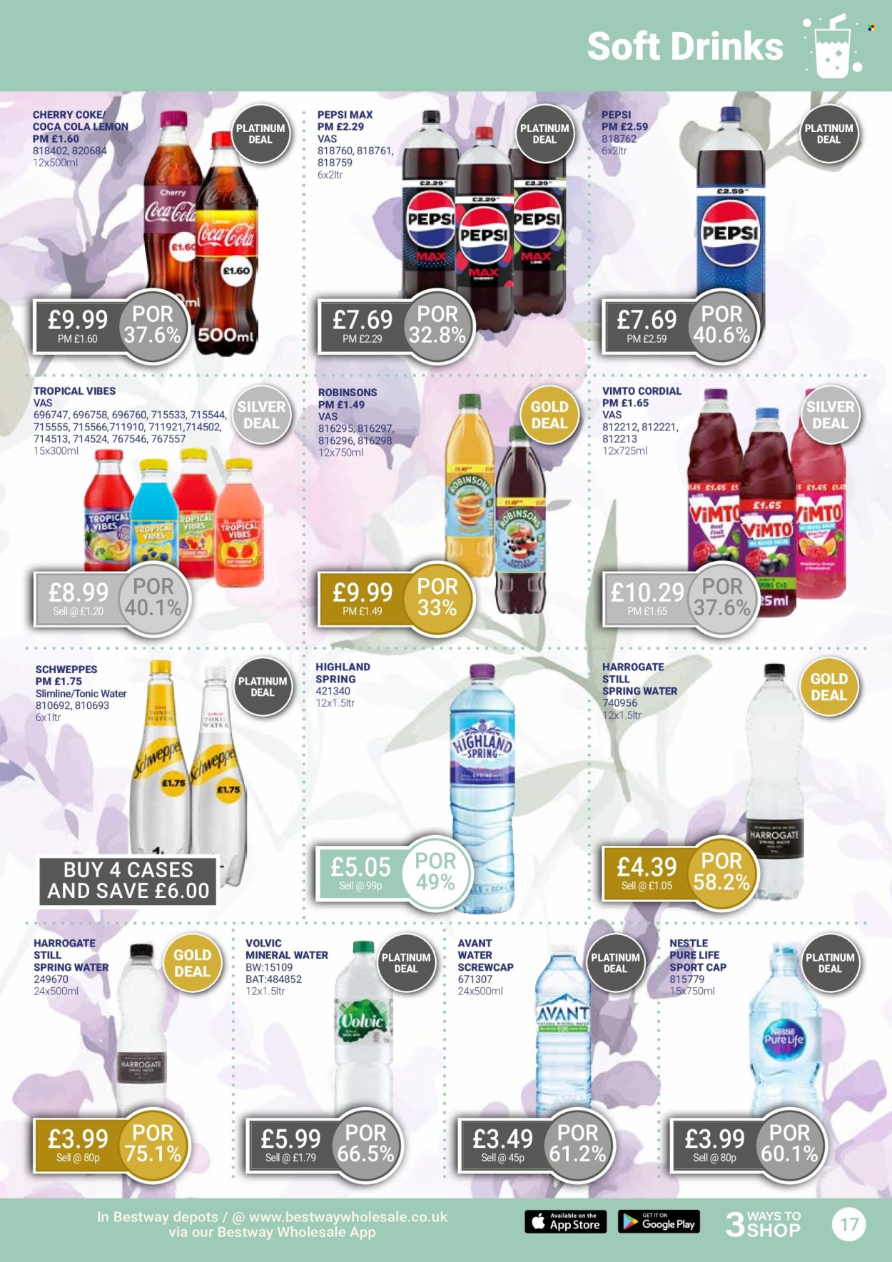 thumbnail - Bestway offer  - 26/04/2024 - 23/05/2024 - Sales products - Nestlé, Coca-Cola, Schweppes, Pepsi, Pepsi Max, tonic, soft drink, Volvic, Coke, mineral water, spring water, still water, water, carbonated soft drink. Page 17.