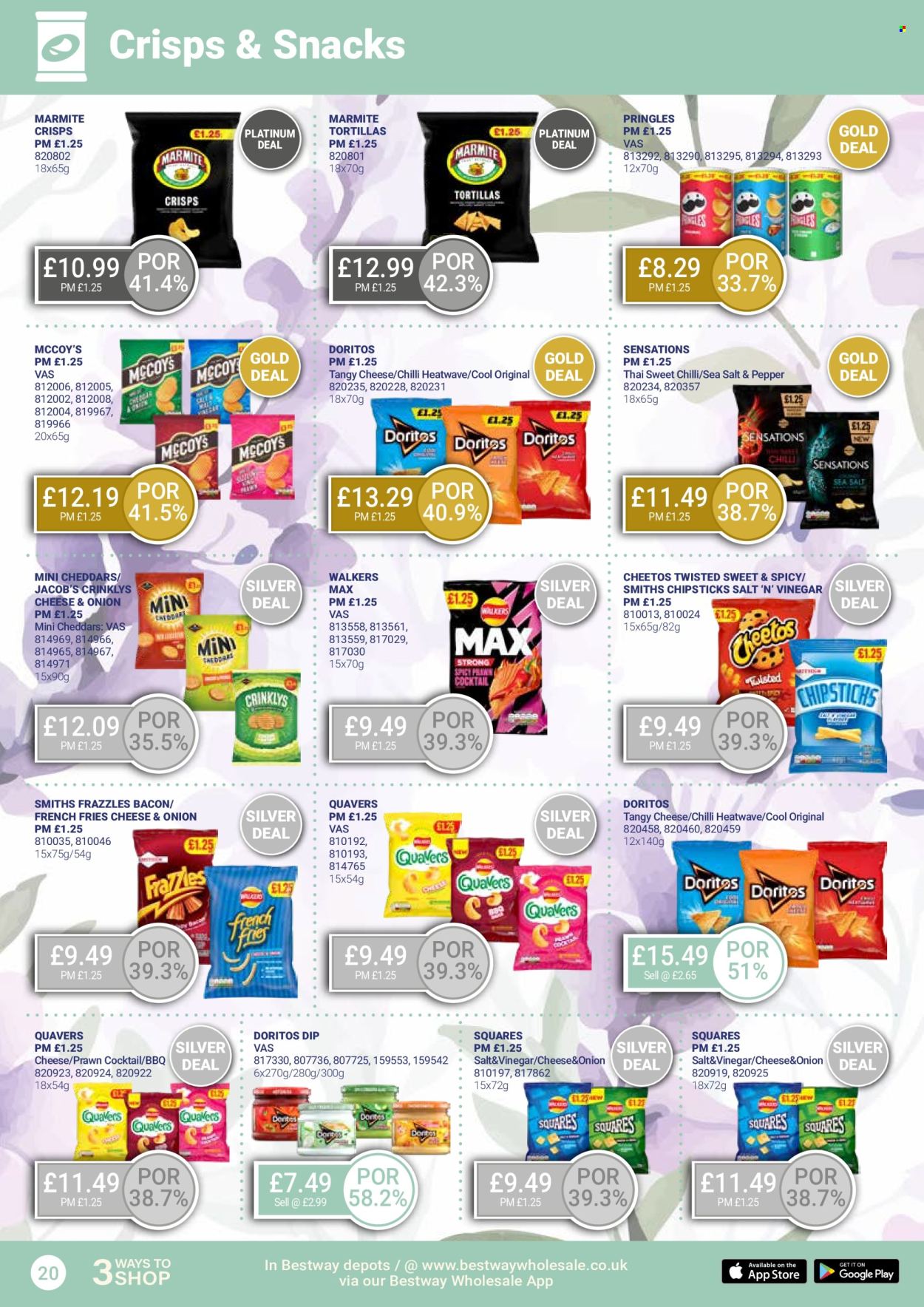 thumbnail - Bestway offer  - 26/04/2024 - 23/05/2024 - Sales products - tortillas, prawns, snack, dip, potato fries, french fries, Doritos, Pringles, Cheetos, chips, salty snack, crisps, sea salt, yeast extract, Marmite, vinegar. Page 20.