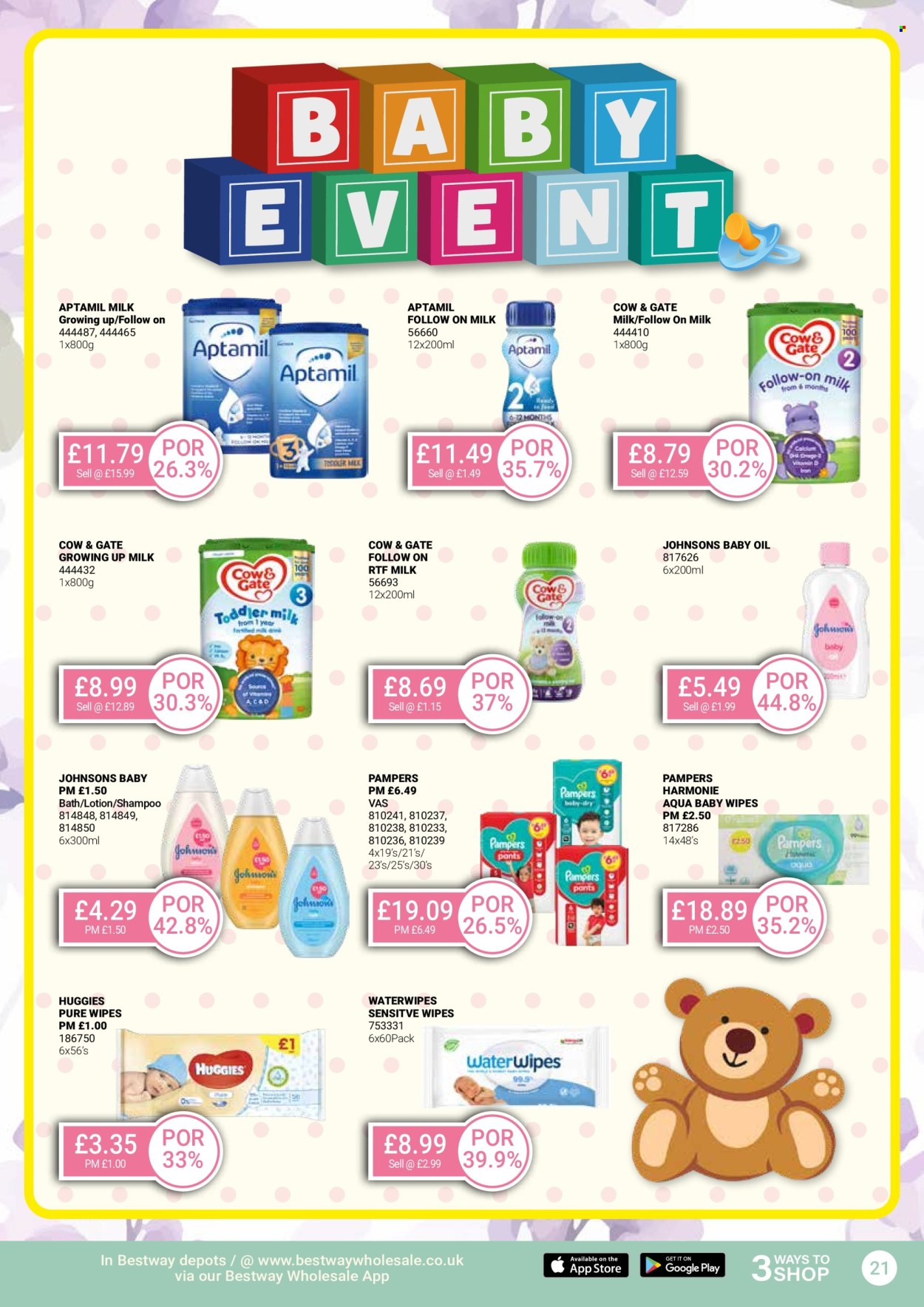thumbnail - Bestway offer  - 26/04/2024 - 23/05/2024 - Sales products - oil, infant milk, wipes, Huggies, Pampers, baby wipes, Johnson's, baby oil, shampoo, dietary supplement. Page 21.