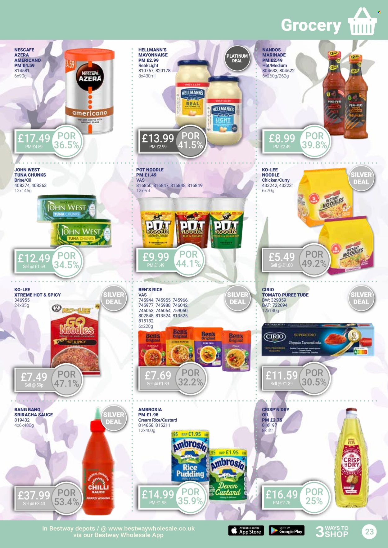 thumbnail - Bestway offer  - 26/04/2024 - 23/05/2024 - Sales products - chicken, tuna, noodles, instant noodles, custard, mayonnaise, Hellmann’s, canned tuna, tomato sauce, tomato puree, rice, sriracha, marinade, oil, Nescafé, sauce. Page 23.