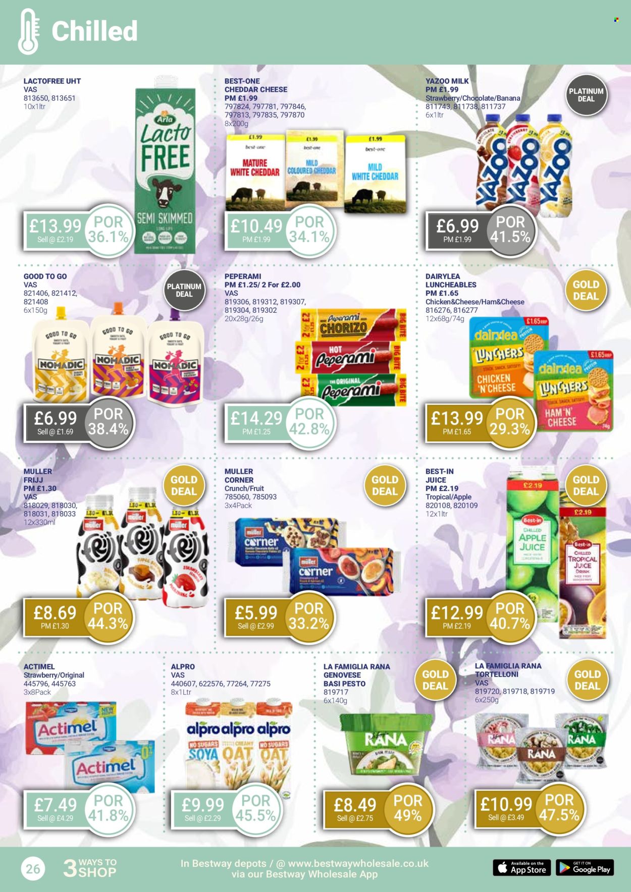 thumbnail - Bestway offer  - 26/04/2024 - 23/05/2024 - Sales products - chicken, Alpro, Rana, tortelloni, ham, cheddar, cheese, milk, Actimel, pesto, juice. Page 26.
