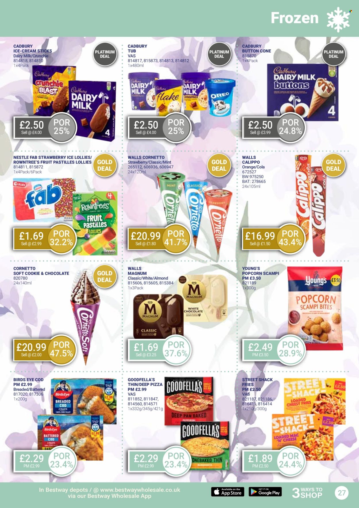 thumbnail - Bestway offer  - 26/04/2024 - 23/05/2024 - Sales products - cod, pizza, Bird's Eye, Magnum, ice cream, ice cream bars, Cornetto, Calippo, ice lolly, potato fries, cookies, Nestlé, Cadbury, pastilles, Dairy Milk, lollies, popcorn, mint, Fab. Page 27.