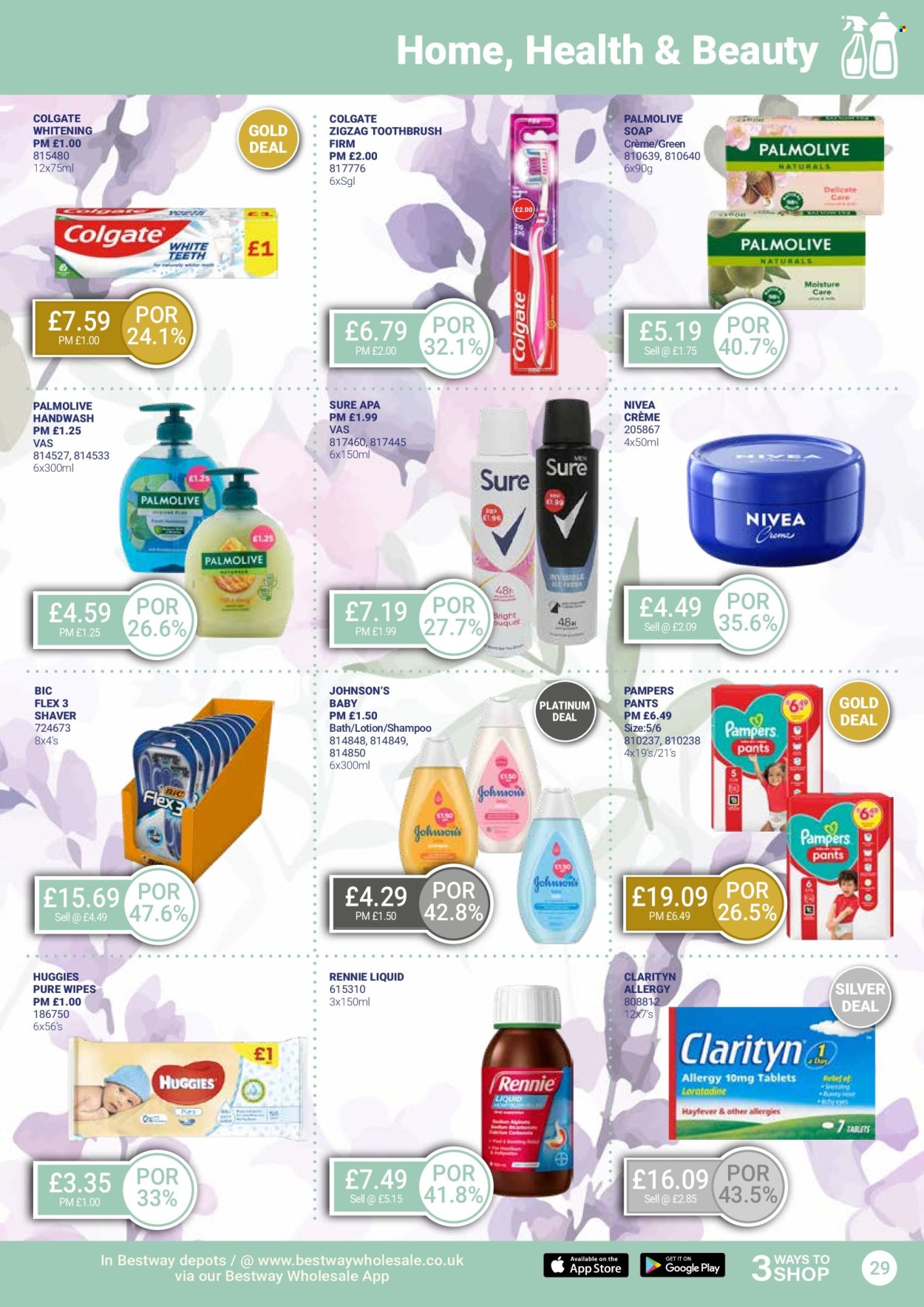 thumbnail - Bestway offer  - 26/04/2024 - 23/05/2024 - Sales products - wipes, Huggies, Pampers, pants, nappies, Johnson's, Nivea, shampoo, hand wash, Palmolive, soap, Colgate, toothbrush, Sure, BIC, shaver, Rennie. Page 29.