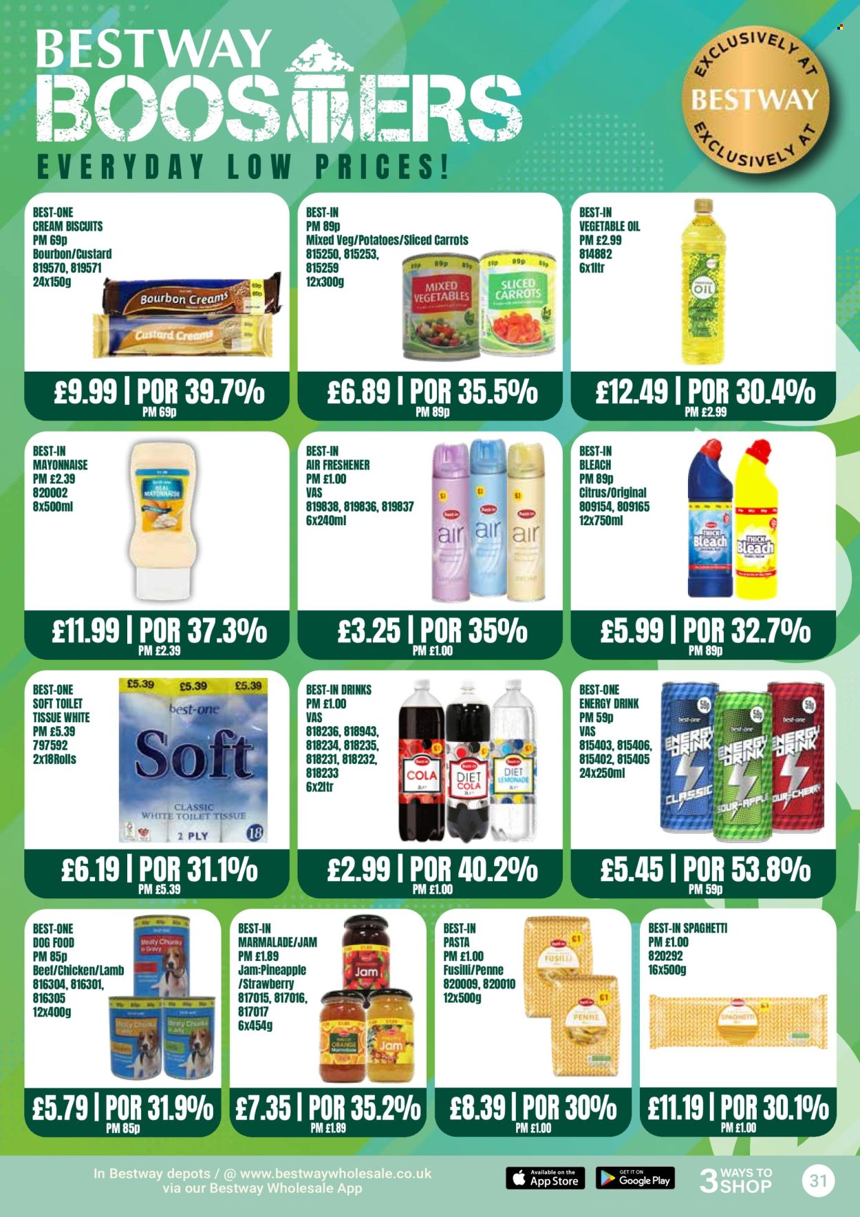 thumbnail - Bestway offer  - 26/04/2024 - 23/05/2024 - Sales products - carrots, potatoes, pineapple, spaghetti, pasta, custard, biscuit, penne, fusilli, marmalade, jam, energy drink, bourbon, toilet paper, bleach, air freshener, animal food, dog food. Page 31.