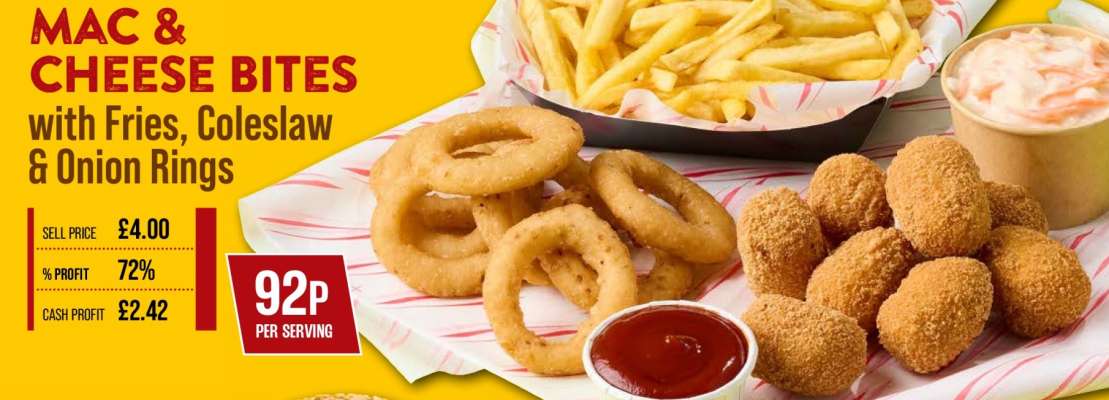 Mac & Cheese Bites with Fries, Coleslaw & Onion Rings