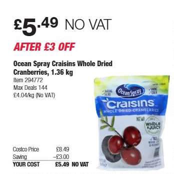 Ocean Spray Craisins Whole Dried Cranberries, 1.36 kg