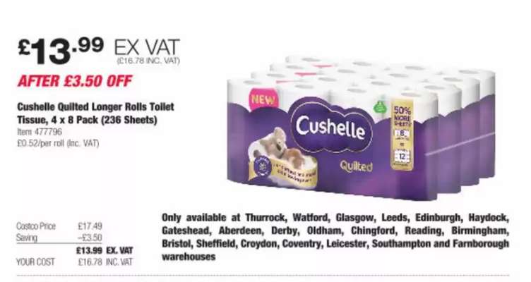 Cushelle Quilted Longer Rolls Toilet Tissue, 4 x 8 Pack (236 Sheets)