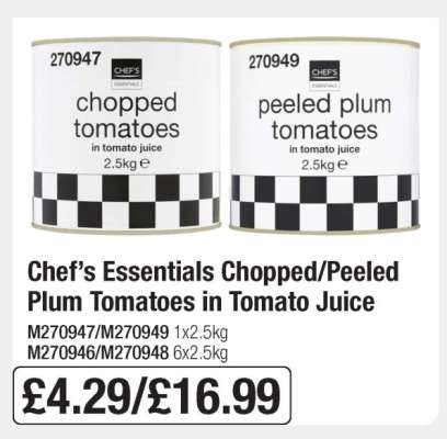 Chef’s Essentials Chopped/Peeled Plum Tomatoes in Tomato Juice