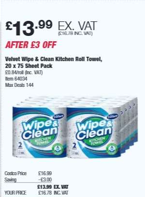 Velvet Wipe & Clean Kitchen Roll Towel, 20 x 75 Sheet Pack