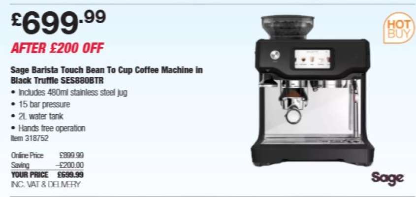 Sage Barista Touch Bean To Cup Coffee Machine in Black Truffle SES880BTR