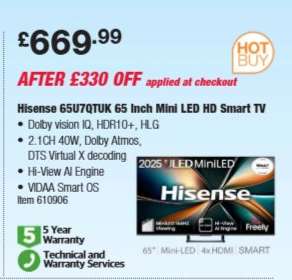 Hisense 65U7QTUK 65 Inch Mini LED HD Smart TV