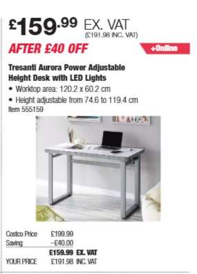 Tresanti Aurora Power Adjustable Height Desk with LED Lights
