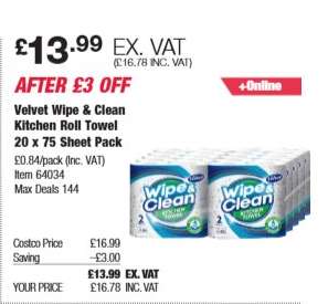 Velvet Wipe & Clean Kitchen Roll Towel, 20 x 75 Sheet Pack