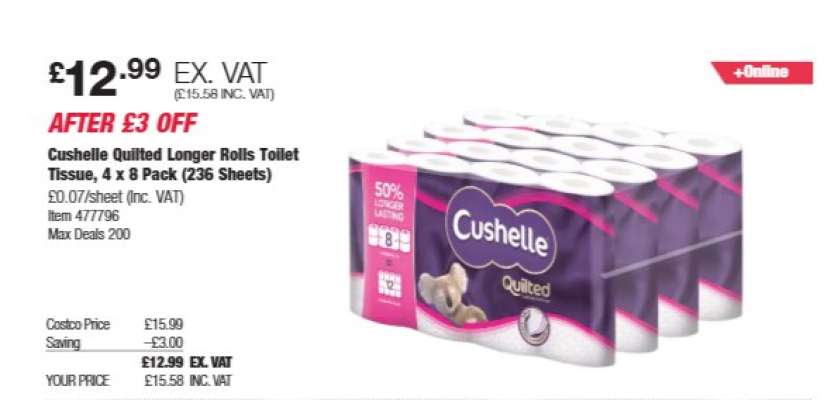 Cushelle Quilted Longer Rolls Toilet Tissue, 4 x 8 Pack (236 Sheets)