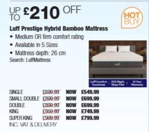 Luff Prestige Hybrid Bamboo Mattress - Single