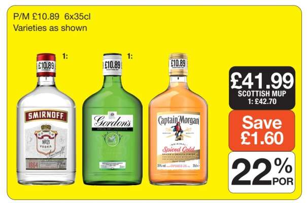 Smirnoff Vodka, Gordon's Gin, Captain Morgan Spiced Gold