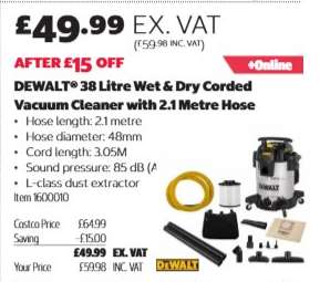 DEWALT 38 Litre Wet & Dry Corded Vacuum Cleaner with 2.1 Metre Hose