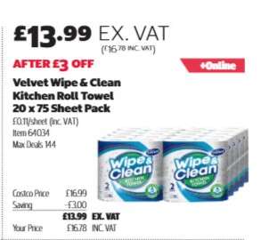 Velvet Wipe & Clean Kitchen Roll Towel, 20 x 75 Sheet Pack