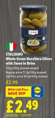 ITALIAMO Whole Green Nocellara Olives with Stone in Brine