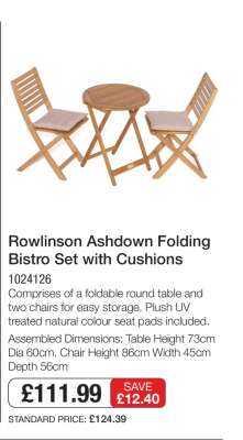 Rowlinson Ashdown Folding Bistro Set with Cushions